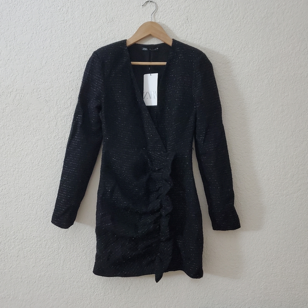 Last one! ZARA Textured Weave Tweed Mini Dress Black Size S - Picture 9 of 10